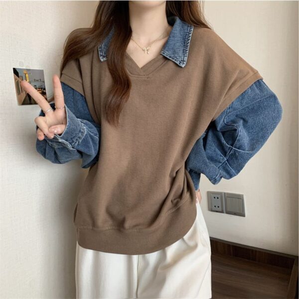 Casual Slimming Plus Size Denim Stitching False Two-piece Sweaters - Image 3
