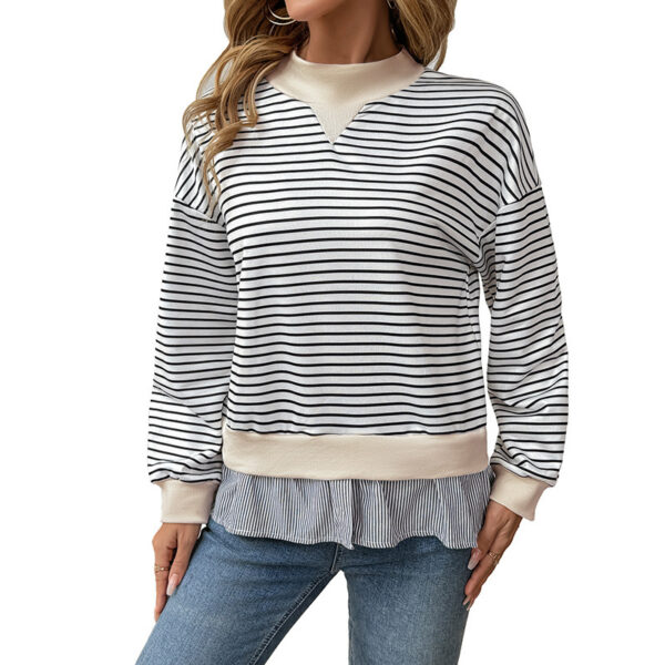 Women's Long-sleeved T-shirt Round Neck Striped Stitching - Image 4