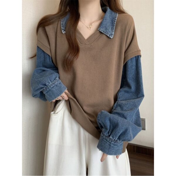 Casual Slimming Plus Size Denim Stitching False Two-piece Sweaters - Image 4