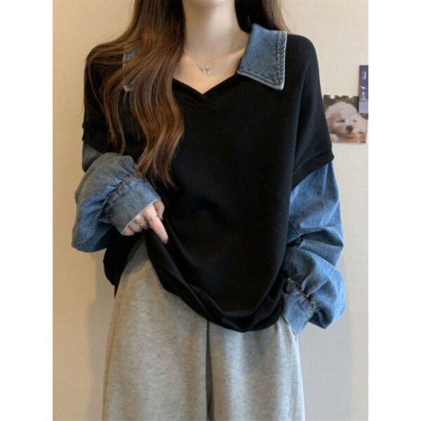 Casual Slimming Plus Size Denim Stitching False Two-piece Sweaters - Image 2