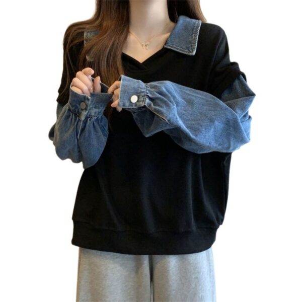 Casual Slimming Plus Size Denim Stitching False Two-piece Sweaters - Image 5